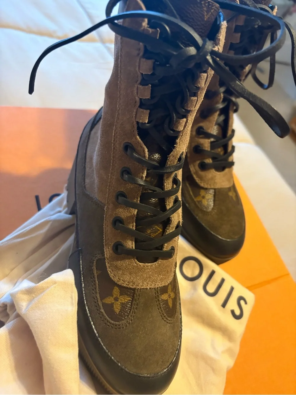 Louis Vuitton Authentic Monogram Leather Lace-Up Combat Boots Size 5.5 (36)